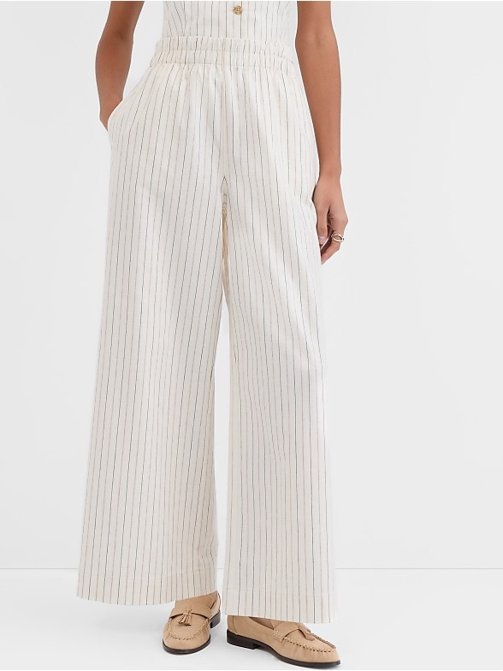 LOFT Striped Linen Blend Pull On Wide Leg Pants Cream Size Medium